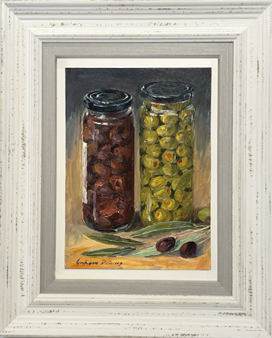 Graham Downs nz fine art paintings, Jar of Olives, oil on board
